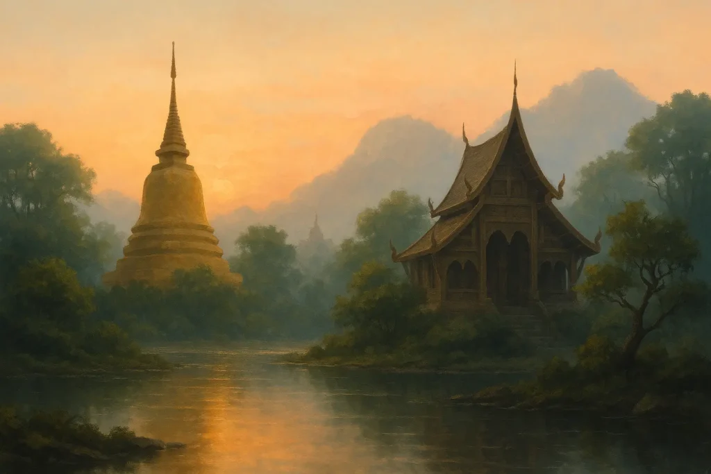 Paisaje tailandés sereno con templo budista en el bosque, evocando la tradición Theravāda de Ajahn Sumedho