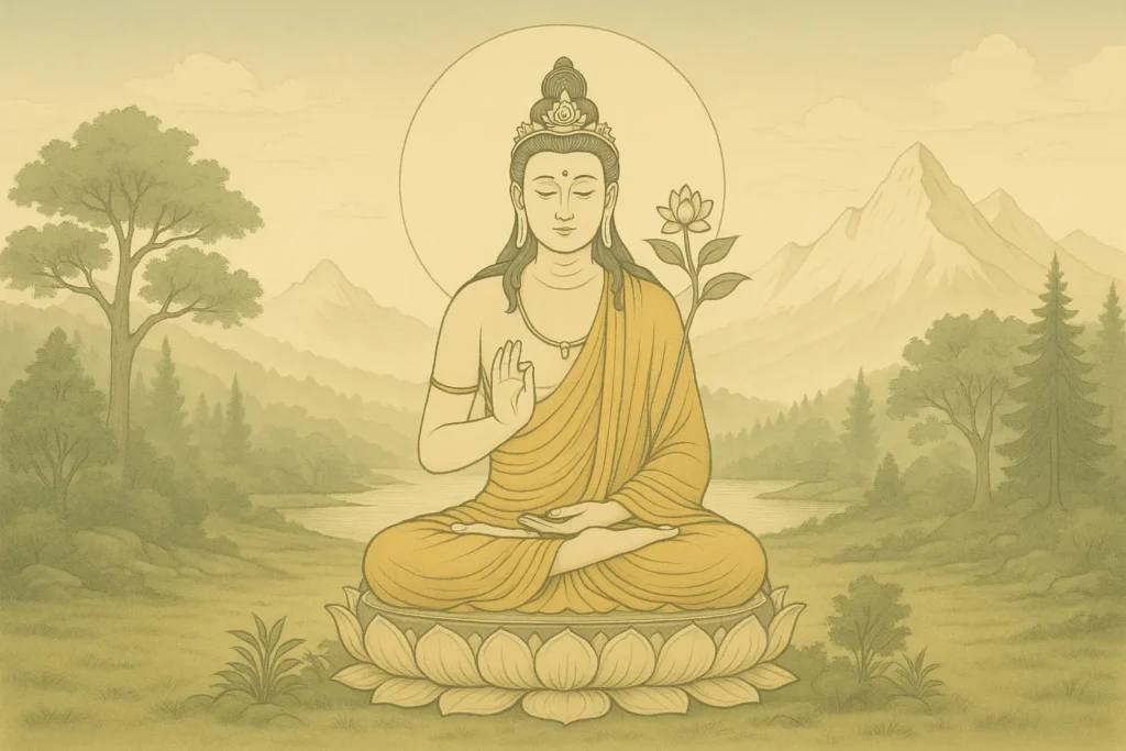 Ilustración tradicional estilo KarunaPura de Avalokiteśvara con Sutra del Corazón (Prajñāpāramitā) en formato 16:9