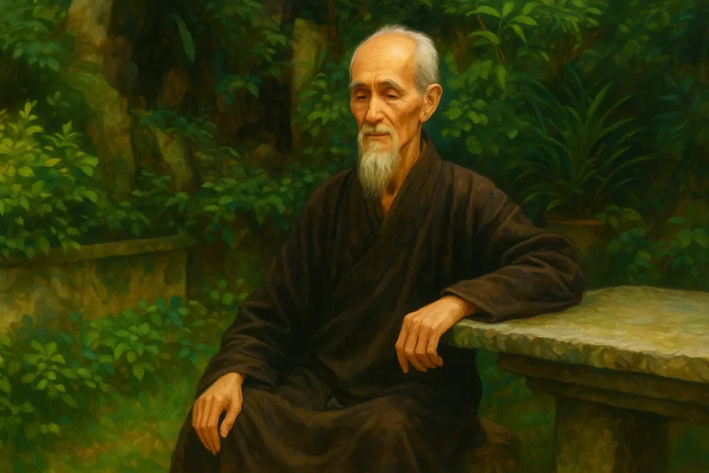Retrato artístico del maestro Hsu Yun meditando junto a una mesa de piedra, rodeado de vegetación, inspirado en una fotografía histórica.