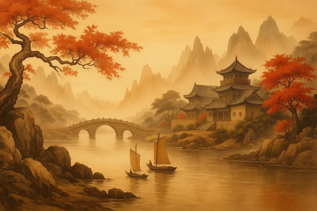 Paisaje montañoso y brumoso con un templo Chan tradicional durante el amanecer, evocando el espíritu del budismo chino