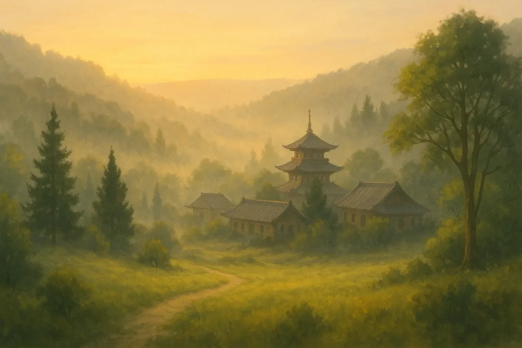 Paisaje inspirado en Plum Village, Francia, con naturaleza serena, arquitectura zen y luz cálida, evocando la enseñanza de Thích Nhất Hạnh