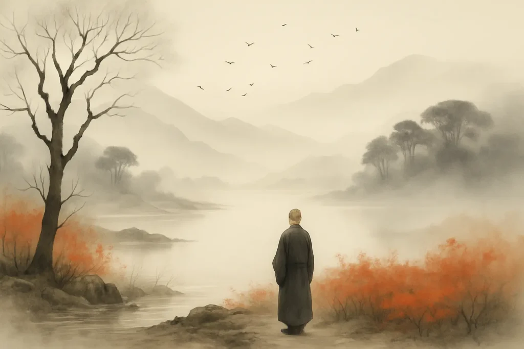 Paisaje estilo tinta china con montañas, niebla y campo rojo otoñal, evocando el vacío y la enseñanza Chan del maestro Huángbò Xīyùn
