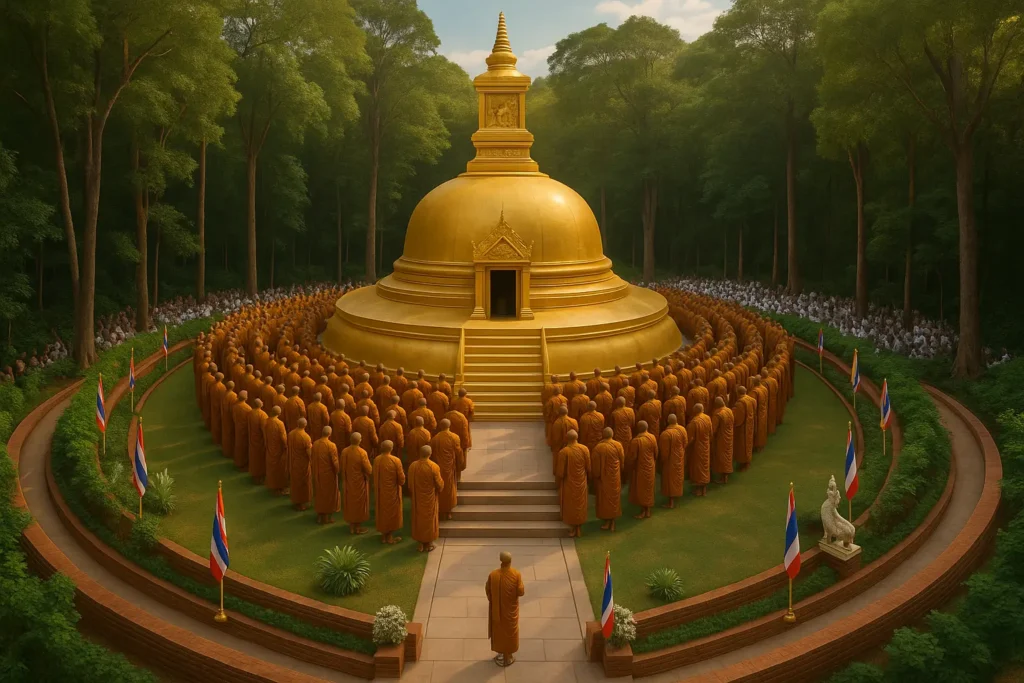 Monjes tailandeses rodeando una gran estupa dorada en el bosque durante una ceremonia en honor a Ajahn Chah