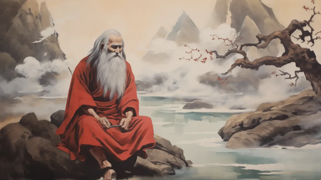 Retrato artístico de Bodhidharma en meditación, con fondo sereno y estilo Zen minimalista