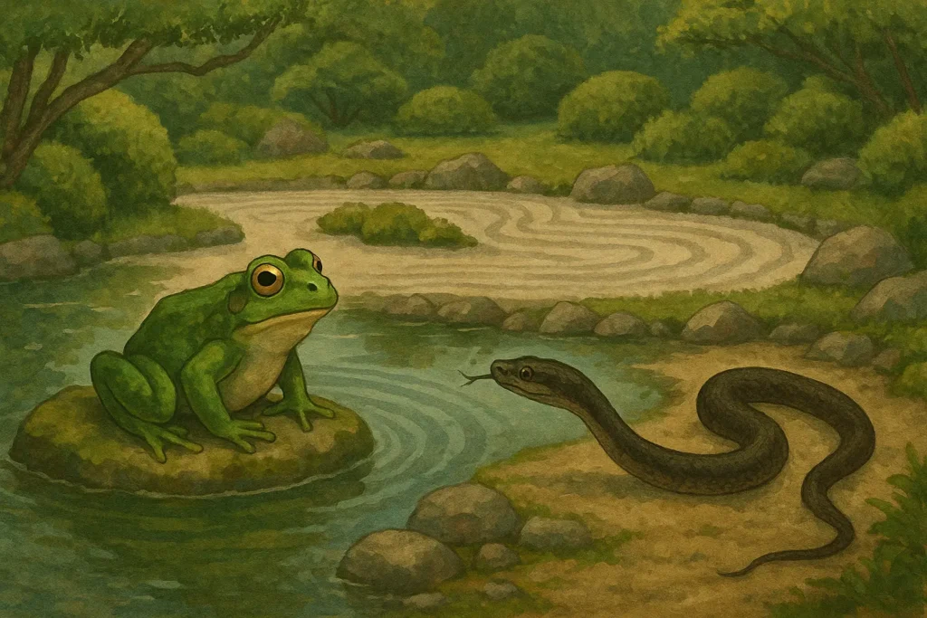 Ilustración de una rana y una serpiente en un jardín zen con estanque, en estilo tradicional asiático.