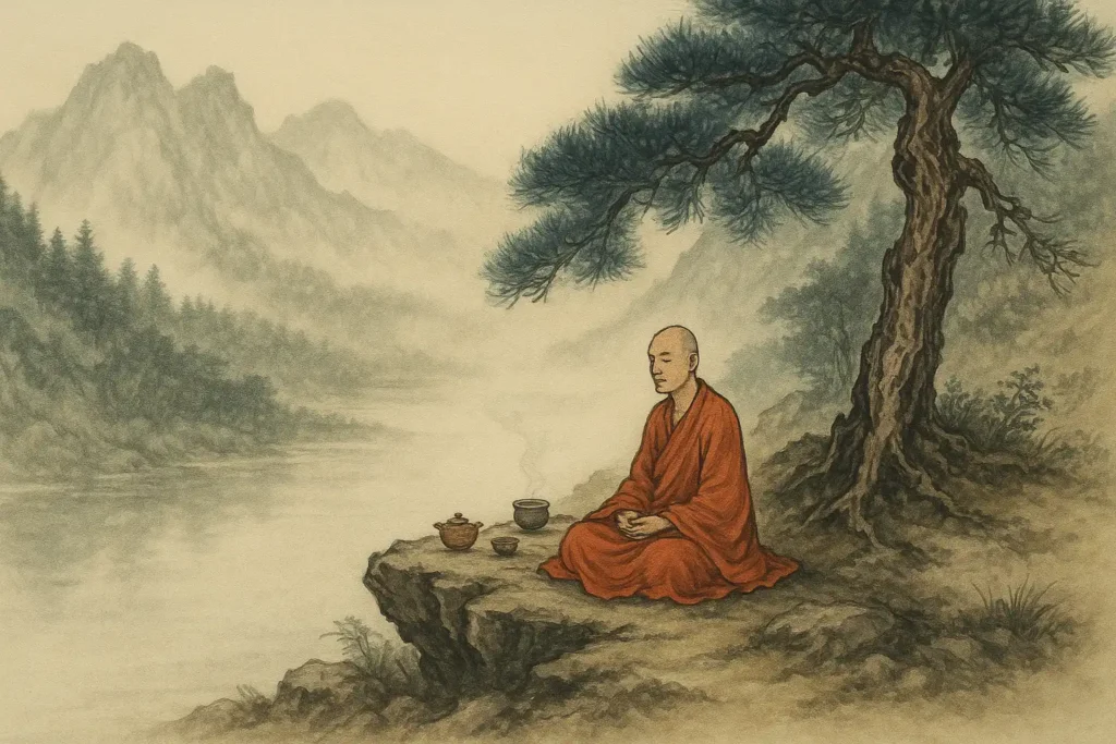 Ilustración estilo tradicional Chan de un monje contemplando en soledad bajo un árbol en las montañas