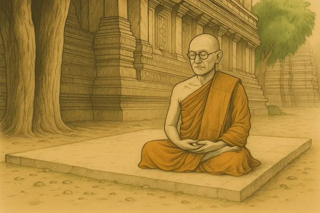 Ilustración tradicional de un monje tailandés meditando frente a un antiguo templo con muros ornamentados y un árbol sagrado al fondo