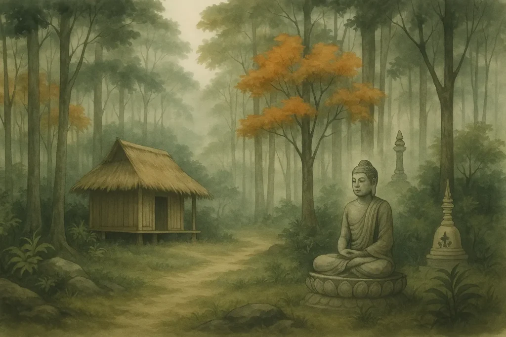 Paisaje tailandés con una pequeña cabaña de retiro en el bosque, inspirado en la tradición del bosque Theravāda y Ajahn Chah
