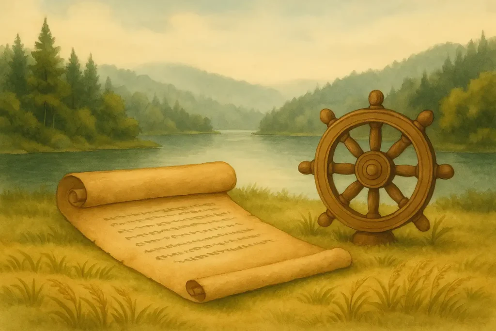 Ilustración de estilo tradicional con un pergamino y una rueda del Dhamma sobre campos de arroz al atardecer, representando la segunda parte del Dhammapada