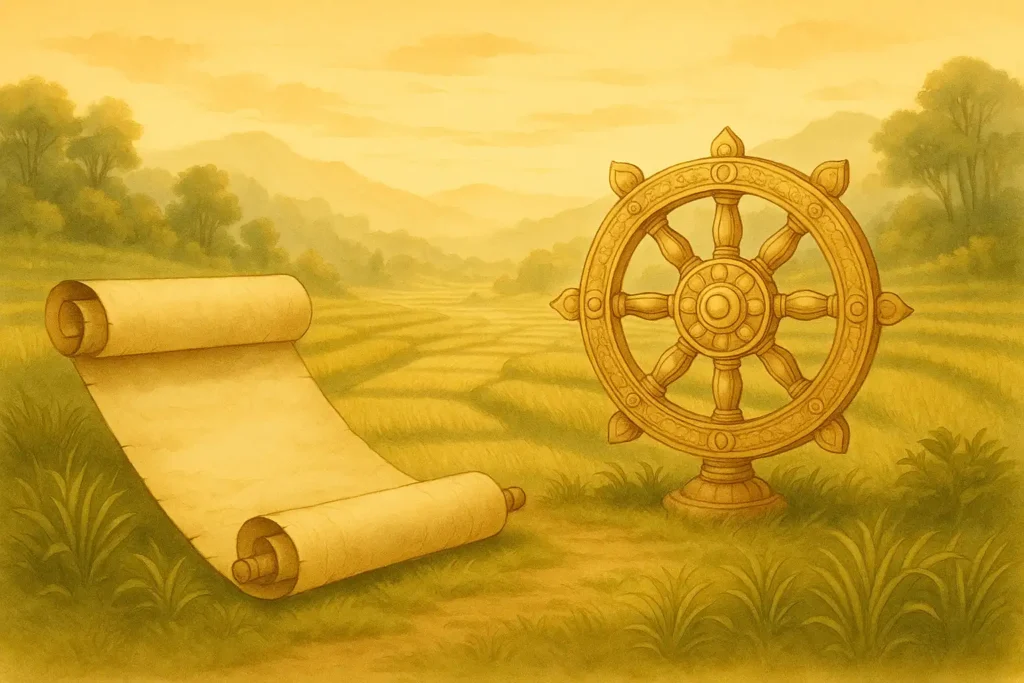 Paisaje tradicional con campos de arroz, un pergamino antiguo y una rueda del Dhamma como símbolo del camino budista