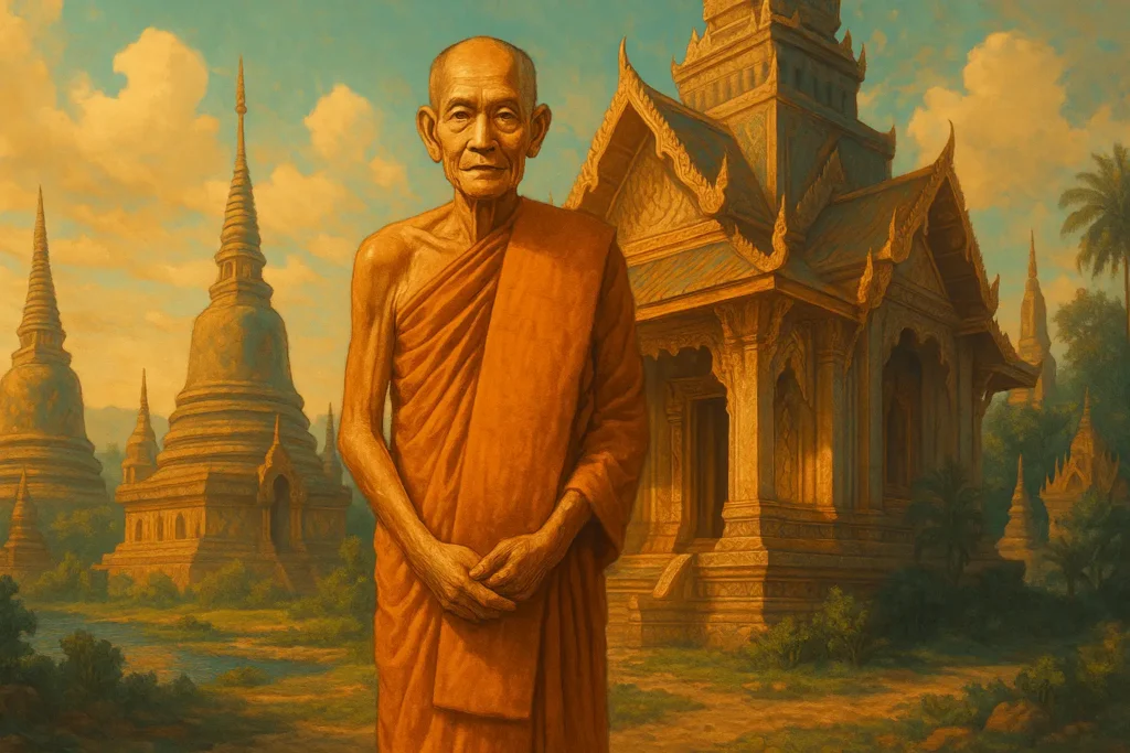 Ajahn Dune Atulo de pie con túnica monástica frente a un templo tailandés, rodeado de estupas y paisaje espiritual.