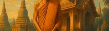 Ajahn Dune Atulo de pie con túnica monástica frente a un templo tailandés, rodeado de estupas y paisaje espiritual.