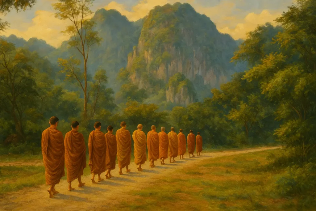 Ajahn Paññavaddho caminando con un grupo de monjes por un sendero rodeado de naturaleza y montañas, inspirado en la tradición tailandesa del bosque.