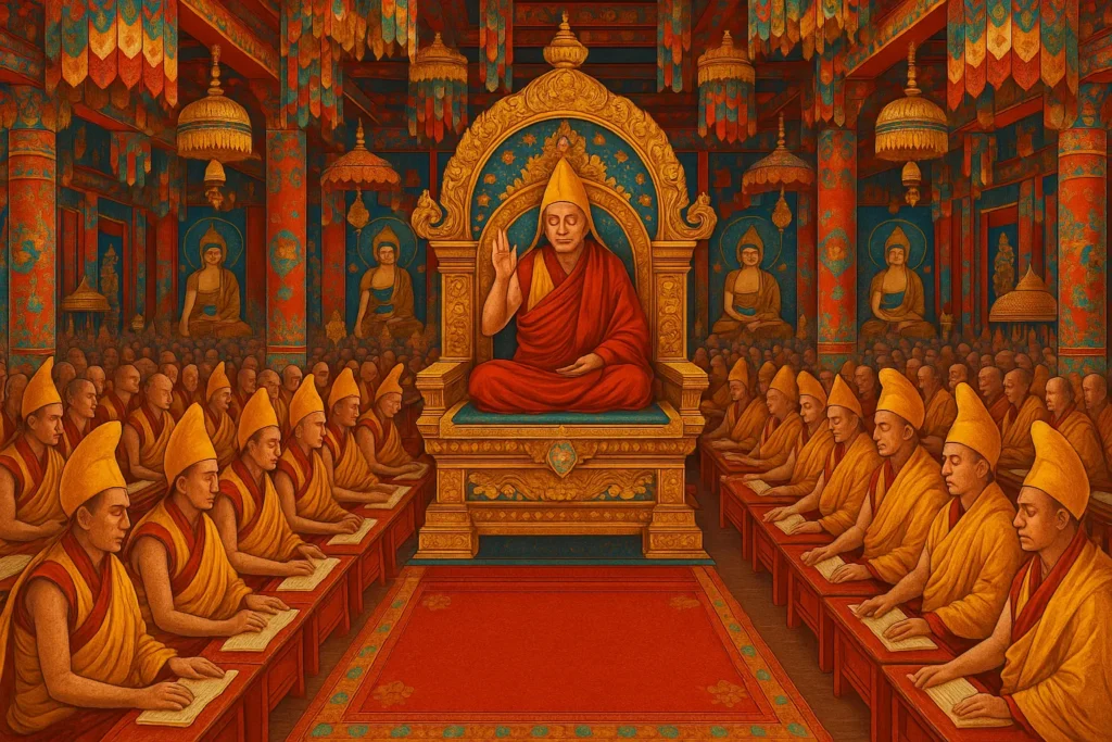 Monjes budistas Gelug reunidos en templo tibetano durante una ceremonia, con lama en trono dorado y decoración tradicional.