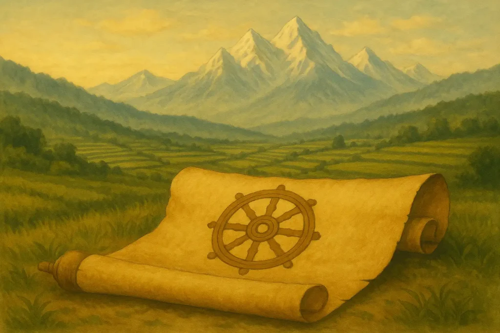 Ilustración tradicional de un paisaje budista con los Himalayas al fondo, representando la sabiduría del Dhammapada