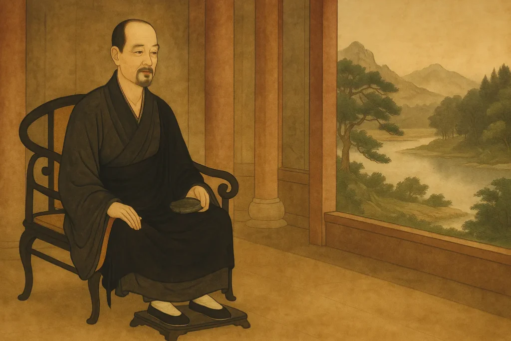 Ilustración tradicional de Hongzhi Zhengjue, maestro Chan del siglo XII, sentado en un templo zen, con paisaje y arquitectura china en estilo pintura de tinta