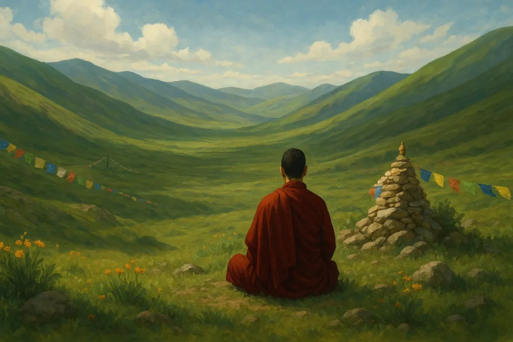 Monje budista tibetano meditando en un amplio valle verde con banderas de oración y un montículo de piedras, representando la práctica Dzogchen de Patrul Rinpoche