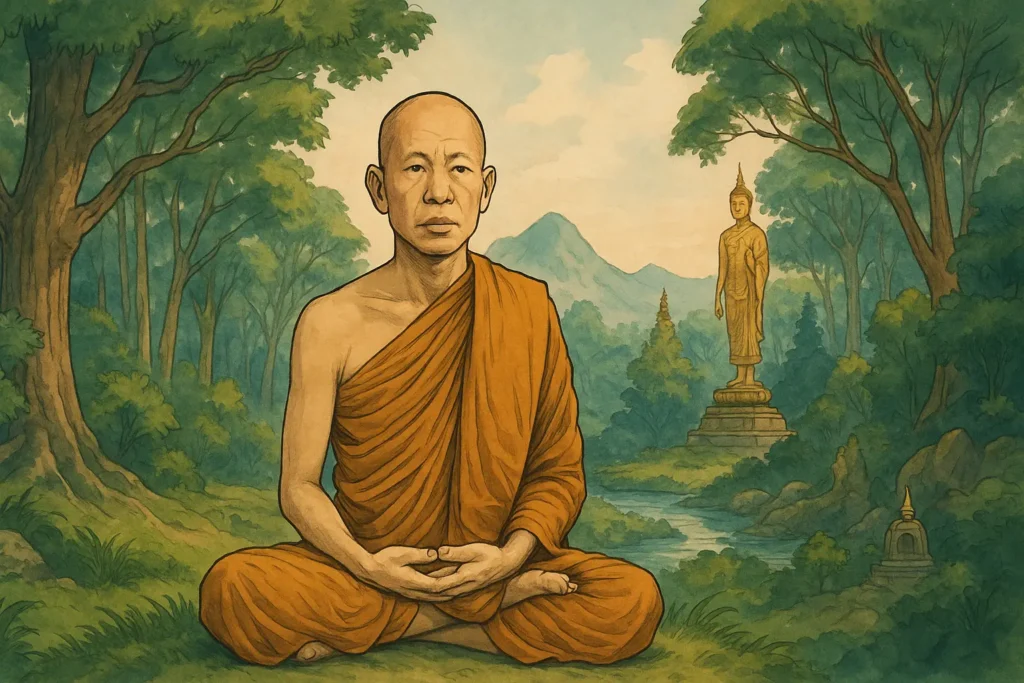 Ilustración de Ajahn Lee Dhammadharo meditando en un bosque tailandés