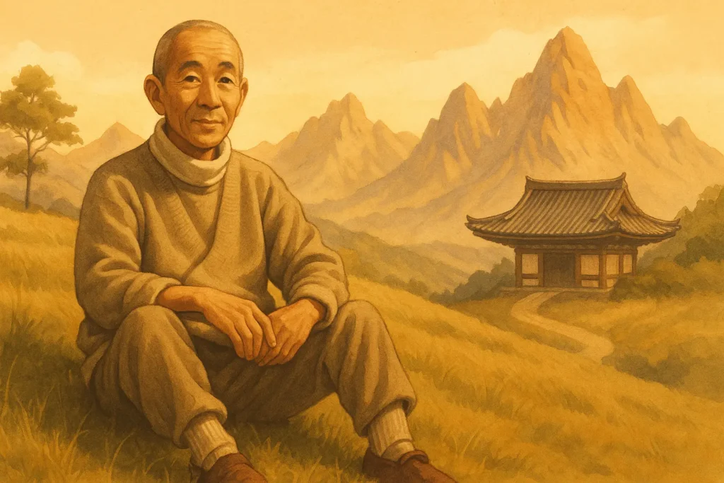 Ilustración de Kōbun Chino Otogawa Rōshi sentado en la montaña, con paisaje de fondo y templo Zen al estilo japonés.