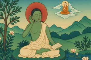 Ilustración de Milarepa escuchando el Dharma en las montañas, símbolo de sabiduría e impermanencia en el budismo tibetano.