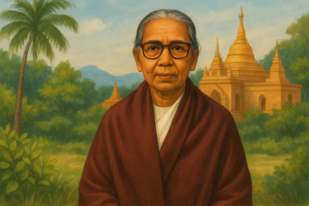 Ilustración de Dipa Ma con paisaje de Bangladesh/Myanmar al fondo, representando la meditación en la vida cotidiana.