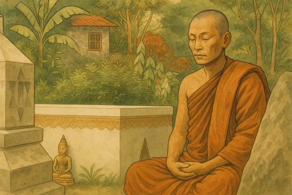 Ilustración al estilo KarunaPura que representa a un monje budista tailandés meditando en calma, rodeado de naturaleza tropical y luz cálida, simbolizando la contemplación de la muerte y la impermanencia según el budismo Theravāda.