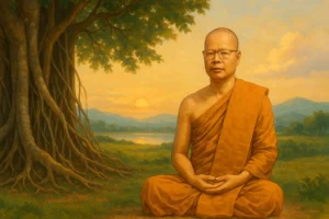 Ajahn Anan meditando bajo un gran árbol con raíces visibles, representando la serenidad y la claridad mental según las enseñanzas del Buda sobre la superación de la depresión.