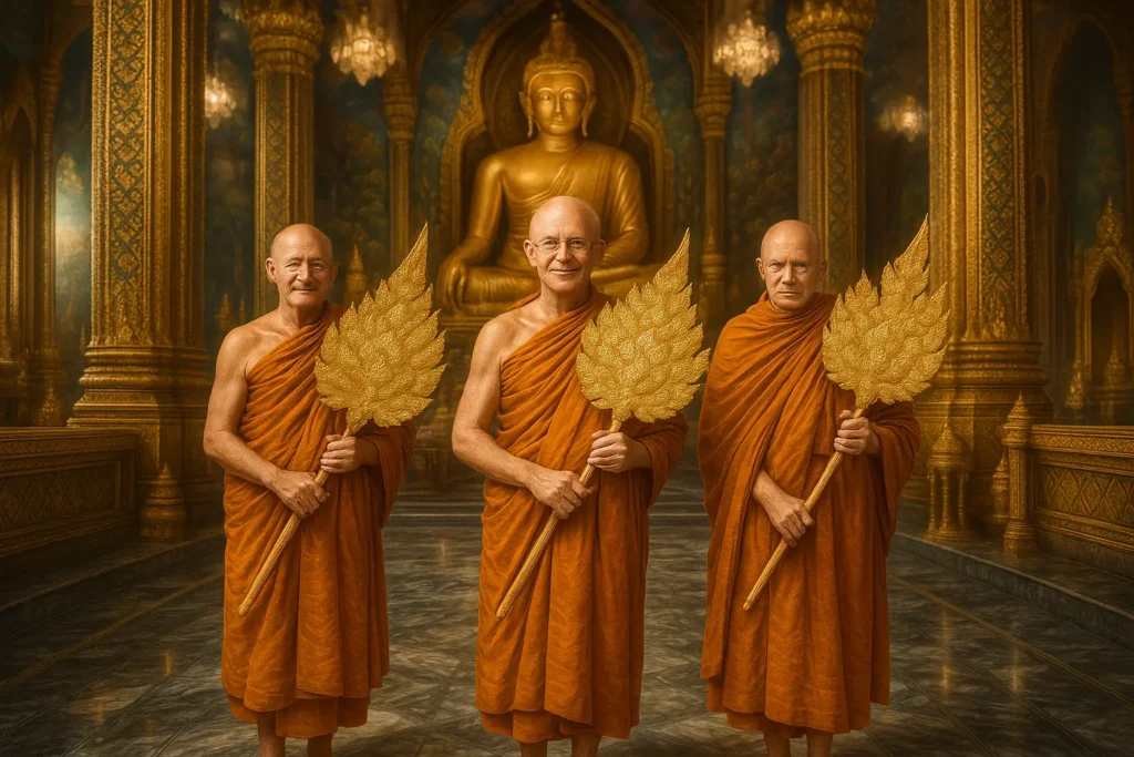 Tres monjes de la Tradición del Bosque, incluyendo a Ajahn Jayasaro, de pie en un templo budista ornamentado en Tailandia, sosteniendo abanicos ceremoniales dorados.