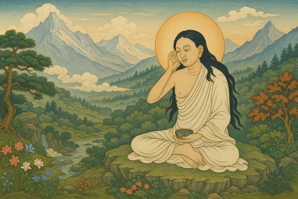 lustración de Milarepa meditando en las montañas del Tíbet, símbolo de la práctica del Mahāmudrā y la quietud interior según el linaje Kagyü.