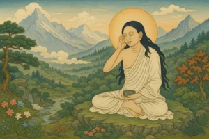 lustración de Milarepa meditando en las montañas del Tíbet, símbolo de la práctica del Mahāmudrā y la quietud interior según el linaje Kagyü.