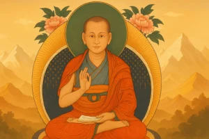 Geshe Langri Tangpa en un paisaje tibetano estilizado, imagen de cabecera para los Ocho Versos de Entrenamiento de la Mente