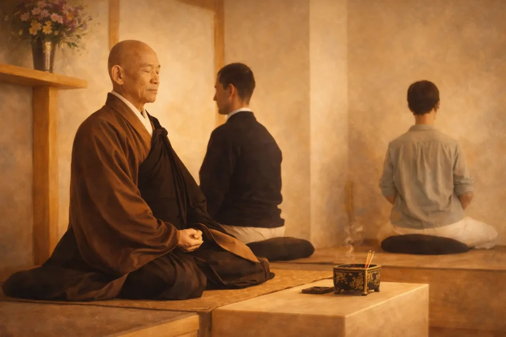 Shunryu Suzuki Roshi sentado en zazen junto a practicantes zen, imagen pictórica inspirada en Zen Mind Beginner’s Mind