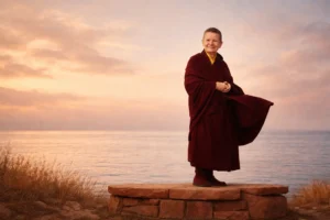 Pema Chödrön frente al mar al atardecer, símbolo de presencia, valentía y compasión en tiempos difíciles