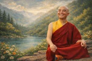 Yongey Mingyur Rinpoche representado en una pintura artística meditativa, simbolizando la naturaleza de la mente y la enseñanza del budismo vajrayana