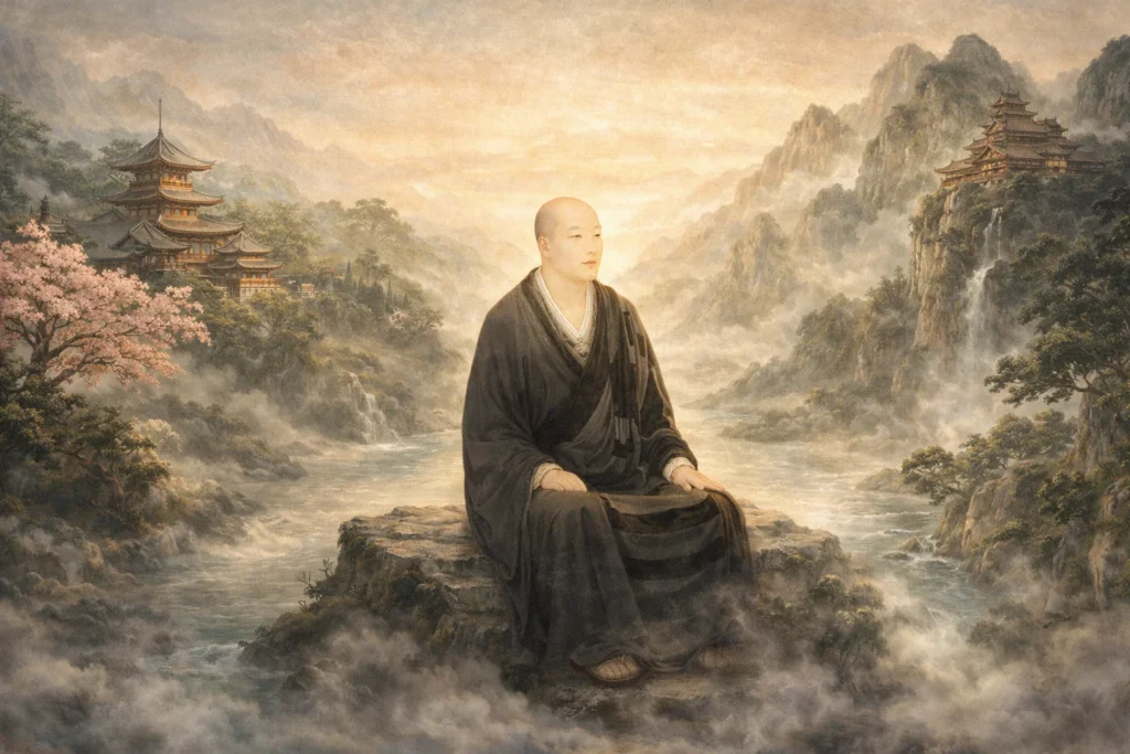 Dōgen Zenji meditando entre paisajes de Japón y China, representación visual de Genjōkōan y la práctica Zen Sōtō