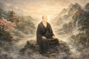 Dōgen Zenji meditando entre paisajes de Japón y China, representación visual de Genjōkōan y la práctica Zen Sōtō
