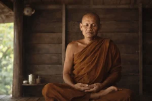 Ajahn Chah meditando en un monasterio del bosque, símbolo de la paz inquebrantable y el poder del samādhi en el budismo Theravada.