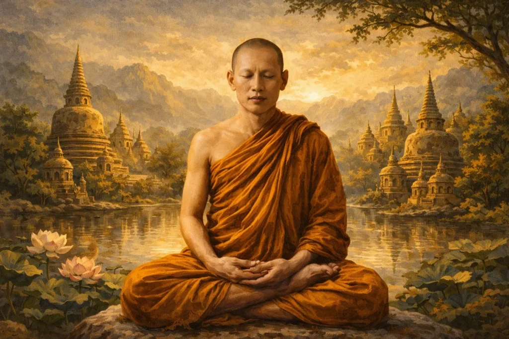 Ilustración de Ajahn Lee Dhammadharo en un paisaje de templos, representando la meditación en la respiración y los cuatro jhānas