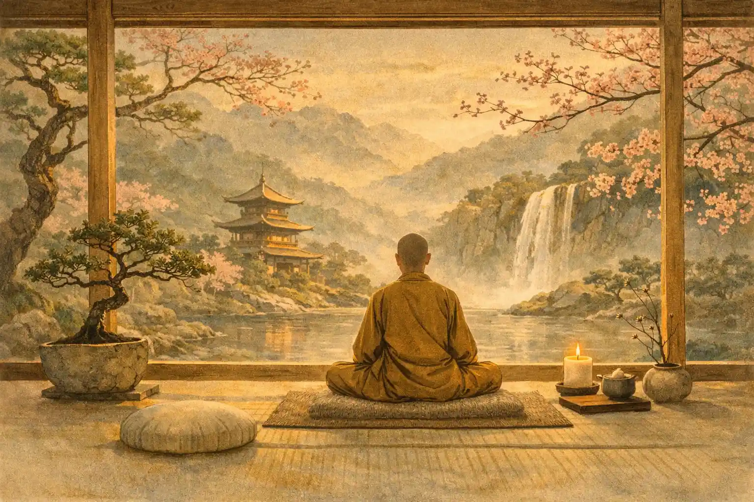 monje meditando frente a un paisaje natural con templo y cascada