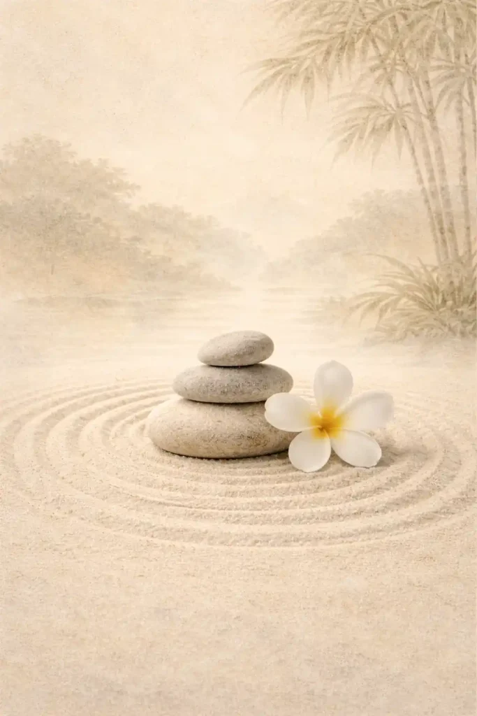 piedras zen apiladas sobre arena con una flor blanca