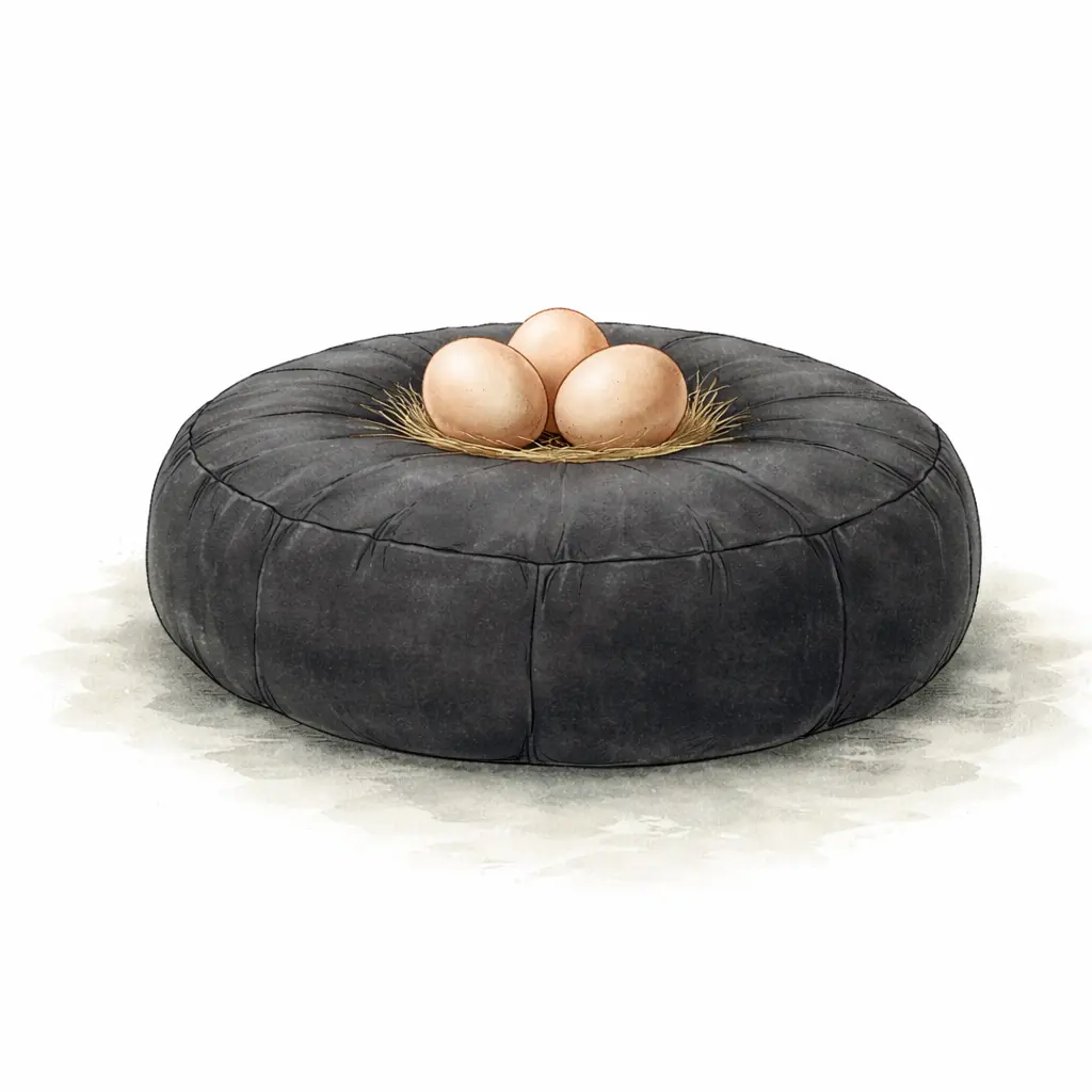 cojín de meditación negro con huevos encima simbolizando la falta de intención en la práctica de meditación