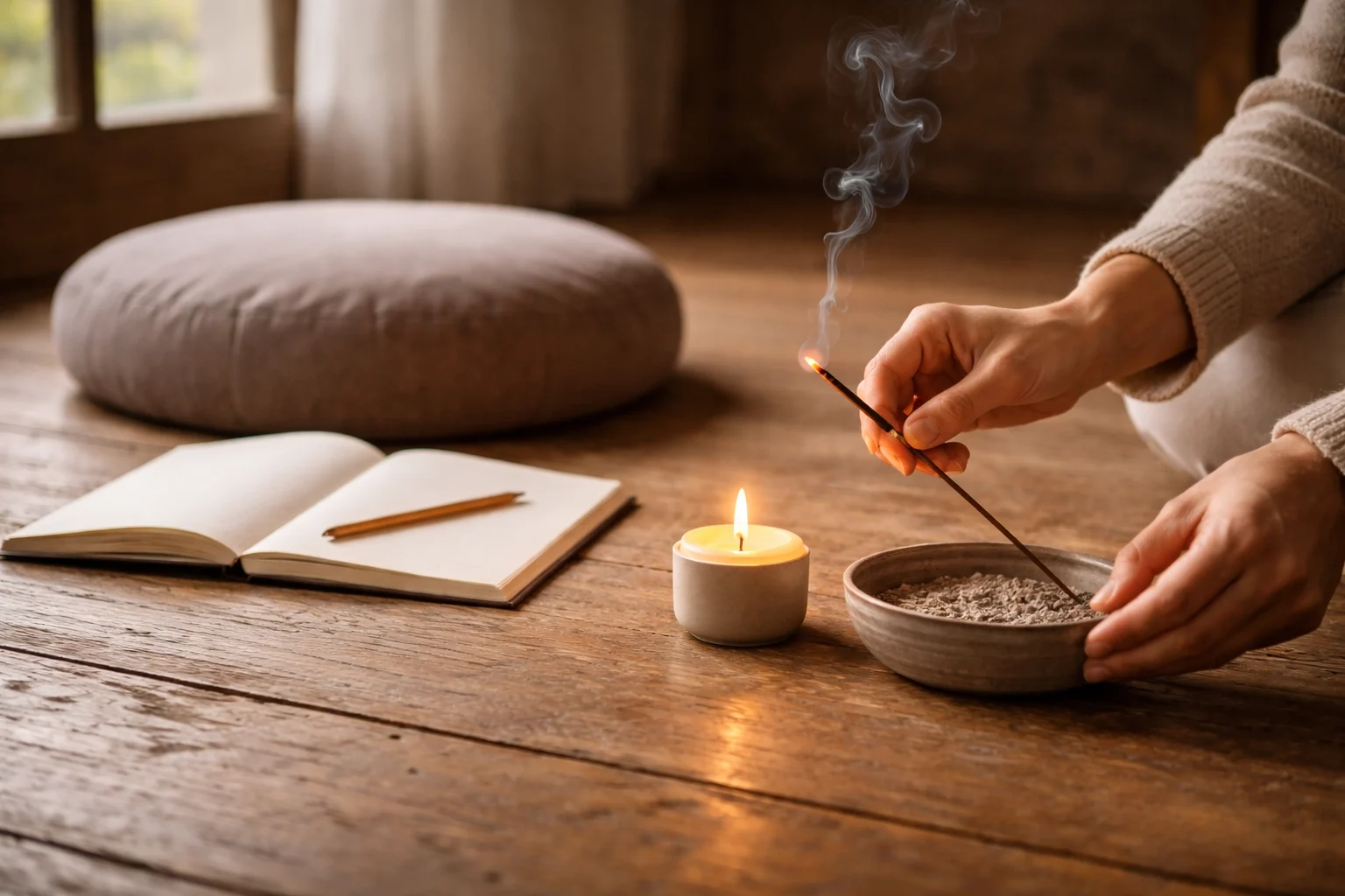 ritual para empezar a meditar encendiendo incienso junto a un cojín de meditación