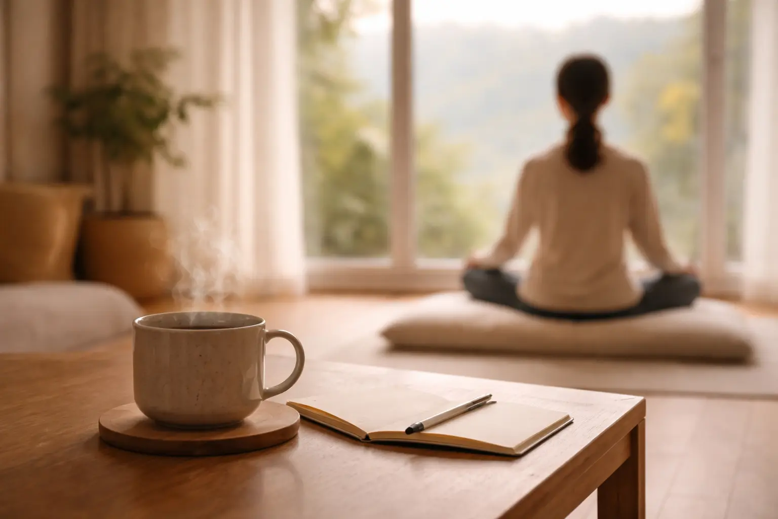 taza de té en primer plano con persona meditando en casa al fondo