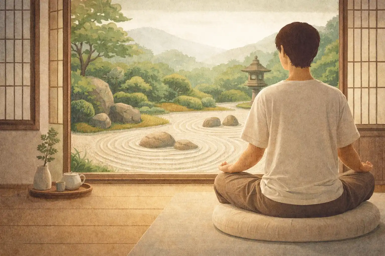 persona meditando en casa con vista a jardín zen, ilustración sobre práctica de meditación y calma