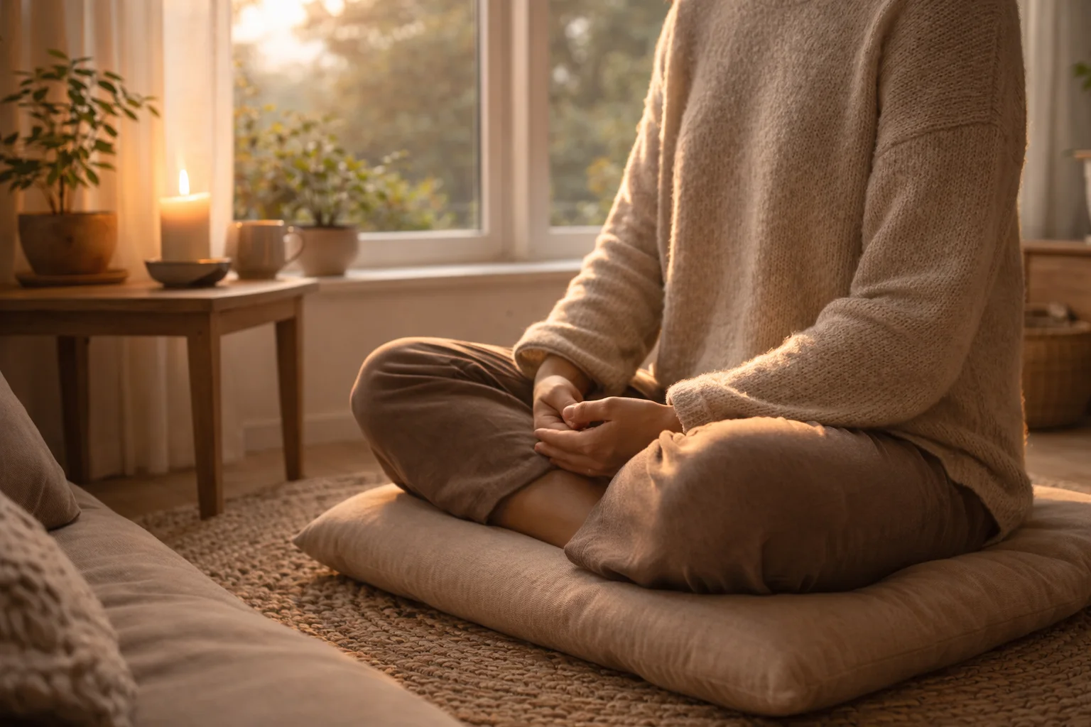 persona meditando en casa sentada sobre un cojín observando la respiración