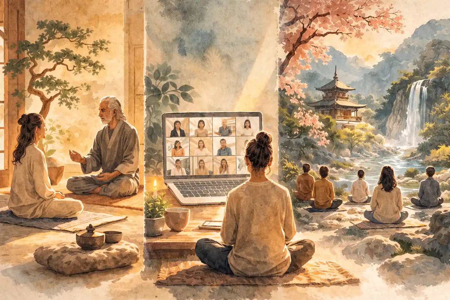 dos personas conversando sobre meditación en un jardín zen