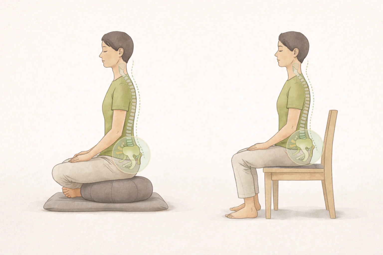 ilustración de postura correcta para meditar sentado en cojín y en silla mostrando alineación de cadera y columna