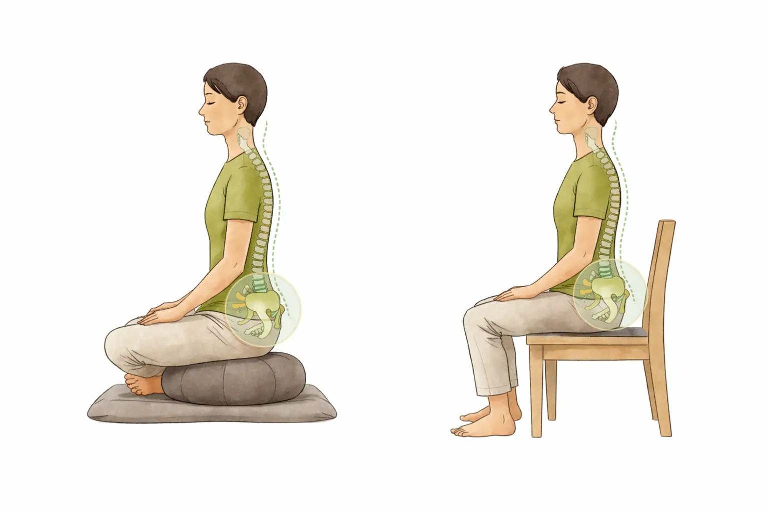ilustración de postura correcta para meditar sentado en cojín y en silla mostrando alineación de cadera y columna
