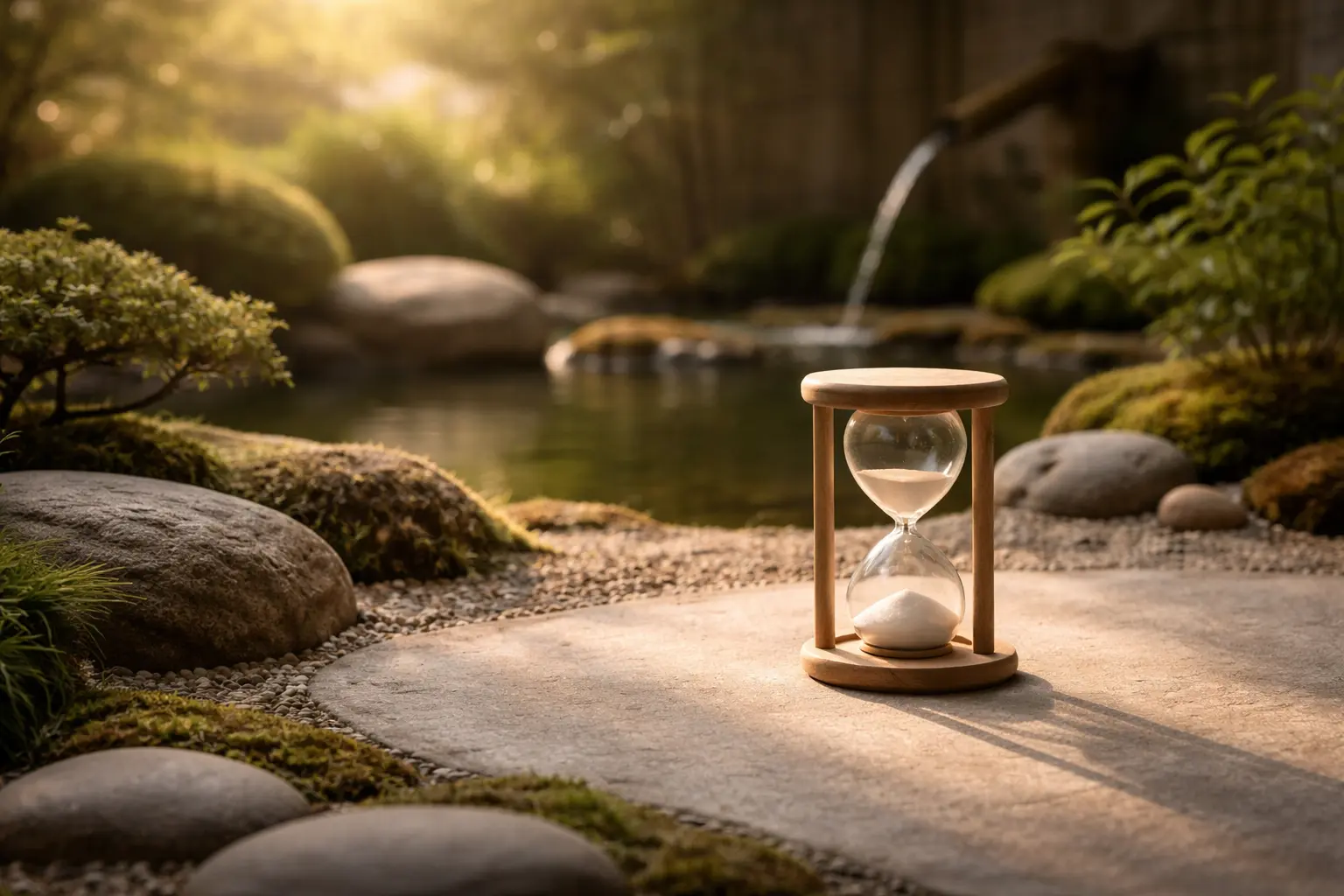 reloj de arena en jardín zen con estanque y piedras, representación del tiempo en la meditación