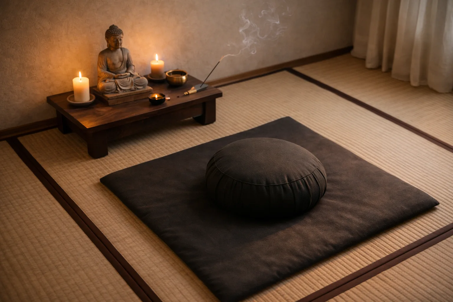 rincón de meditación con zafu y zabuton frente a un pequeño altar con buda, velas e incienso